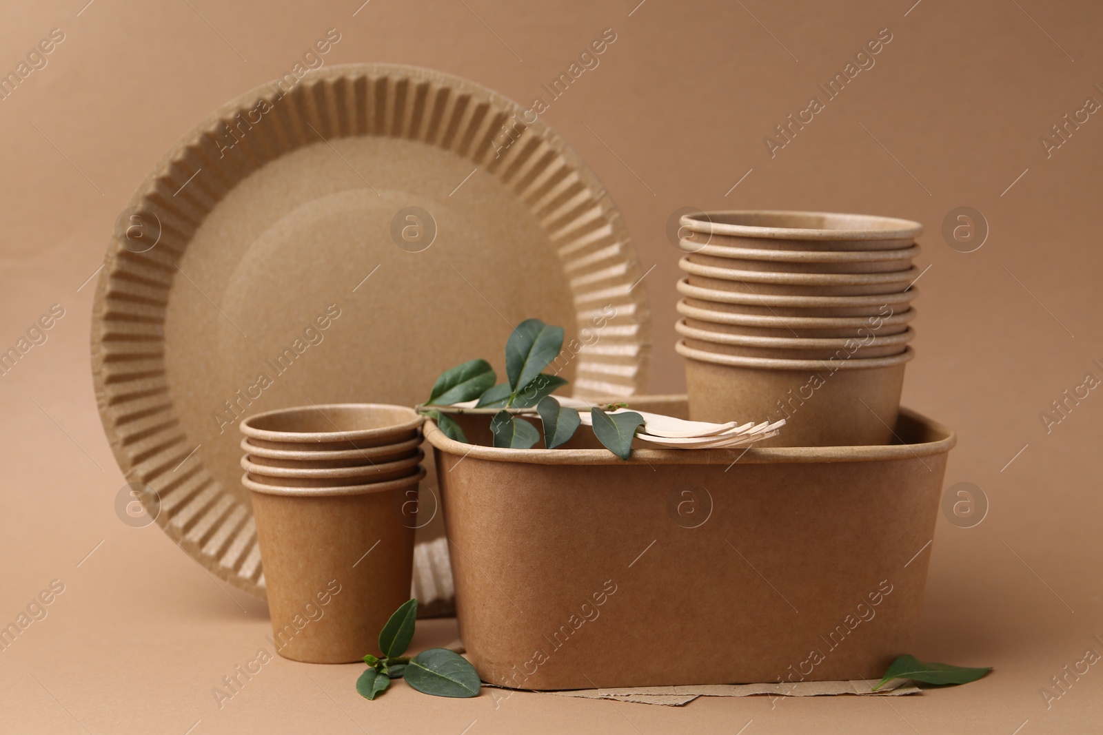 Set of disposable tableware and green leaves on brown background Photo of Set of disposable tableware and green leaves on brown background