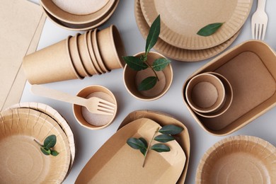 Photo of Set of disposable tableware and green leaves on white background, flat lay