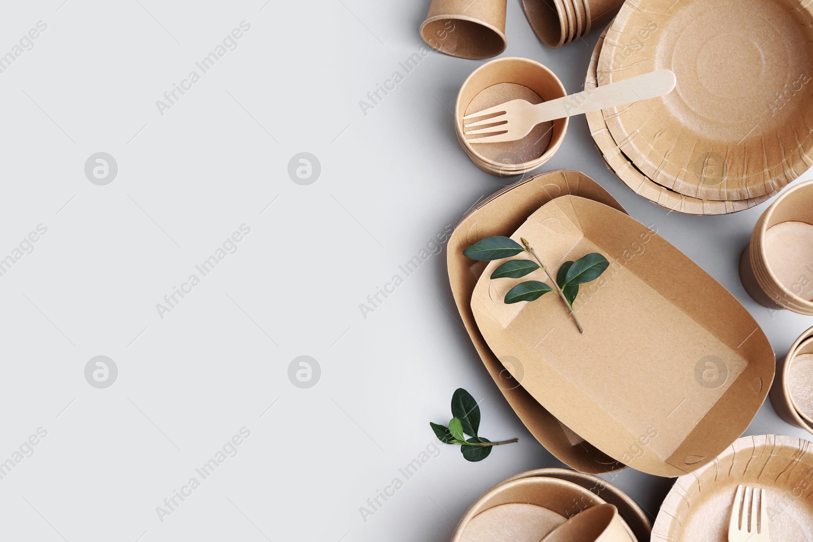 Set of disposable tableware and green leaves on white background, flat lay. Space for text Photo of Set of disposable tableware and green leaves on white background, flat lay. Space for text
