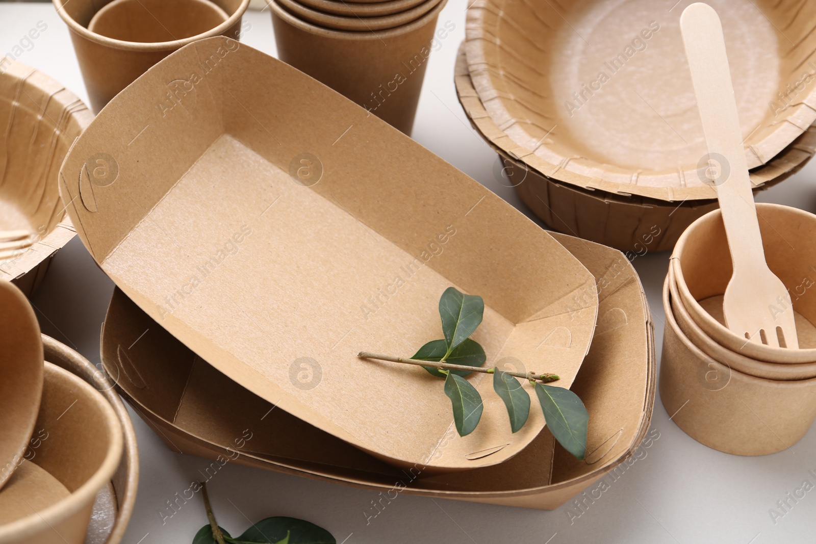 Set of disposable tableware and green leaves on white background, closeup Photo of Set of disposable tableware and green leaves on white background, closeup