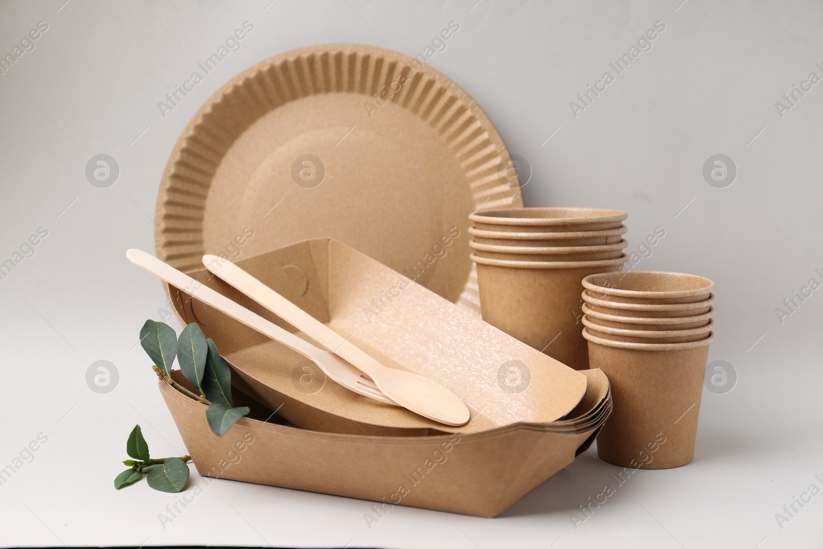 Set of disposable tableware and green leaves on light grey background Photo of Set of disposable tableware and green leaves on light grey background