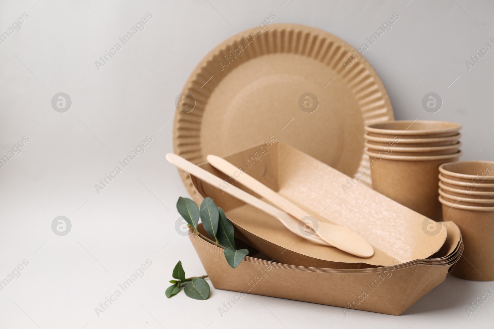 Set of disposable tableware and green leaves on light grey background, closeup. Space for text Photo of Set of disposable tableware and green leaves on light grey background, closeup. Space for text