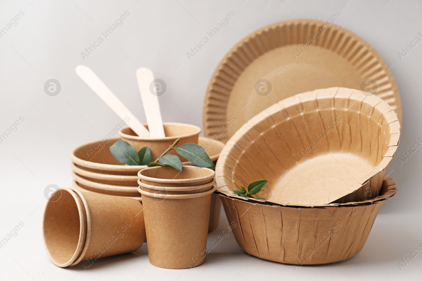 Photo of Set of disposable tableware and green leaves on light grey background, closeup