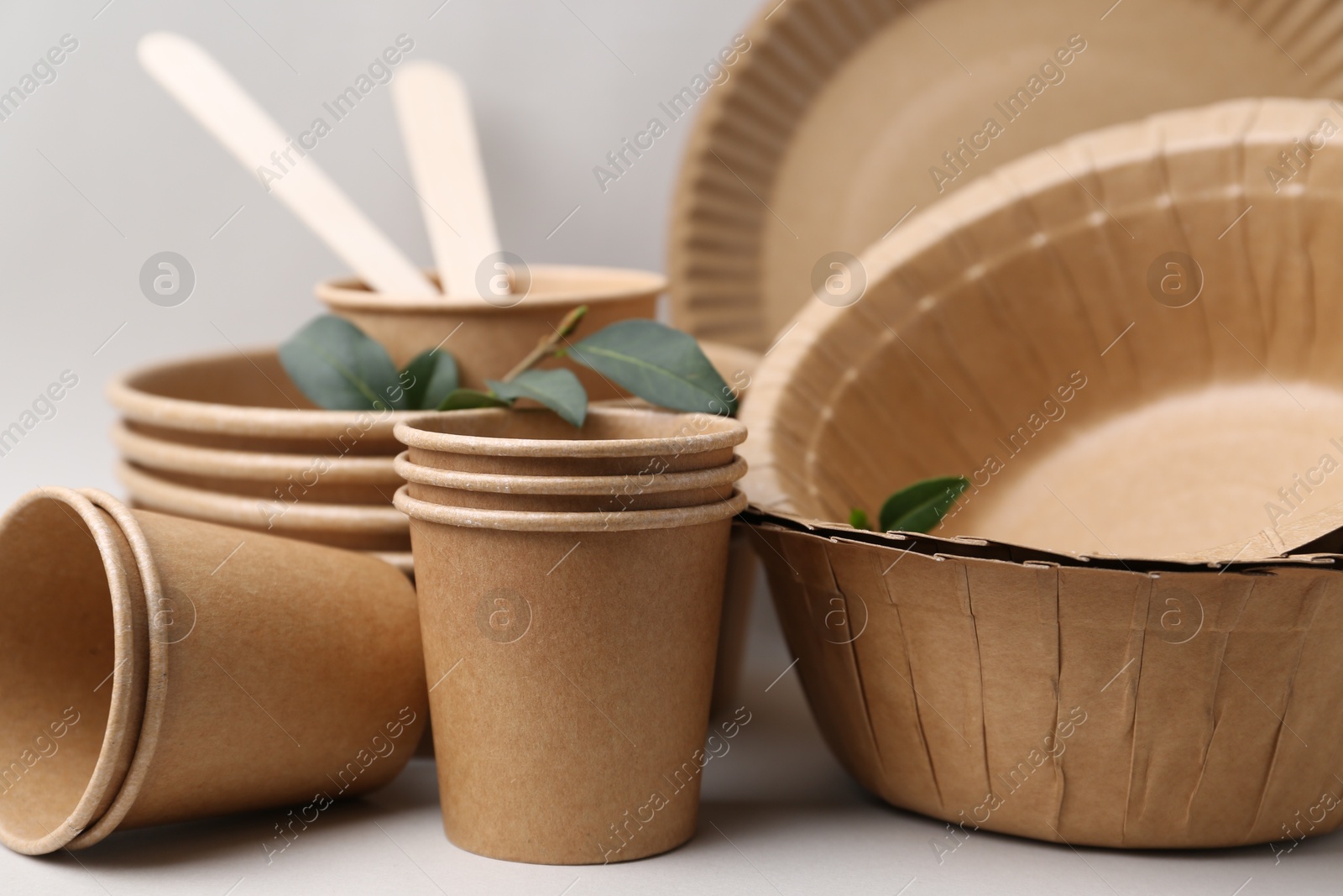 Photo of Set of disposable tableware and green leaves on light grey background, closeup