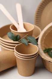 Photo of Set of disposable tableware and green leaves on light grey background, closeup