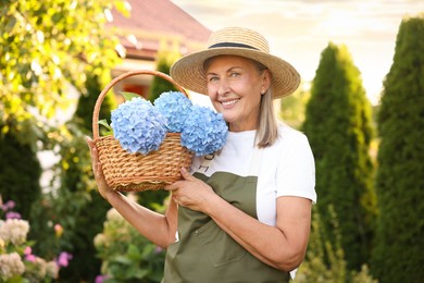 Photo of Senior woman with wicker basket of flowers in garden