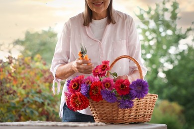 Photo of Senior woman making beautiful bouquet of flowers at table in garden, closeup