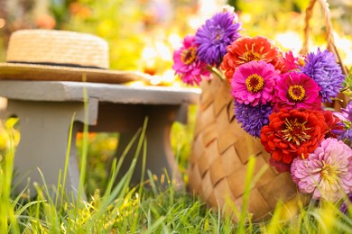 Photo of Bouquet of flowers in bag, stool and wicker hat on green grass outdoors, closeup
