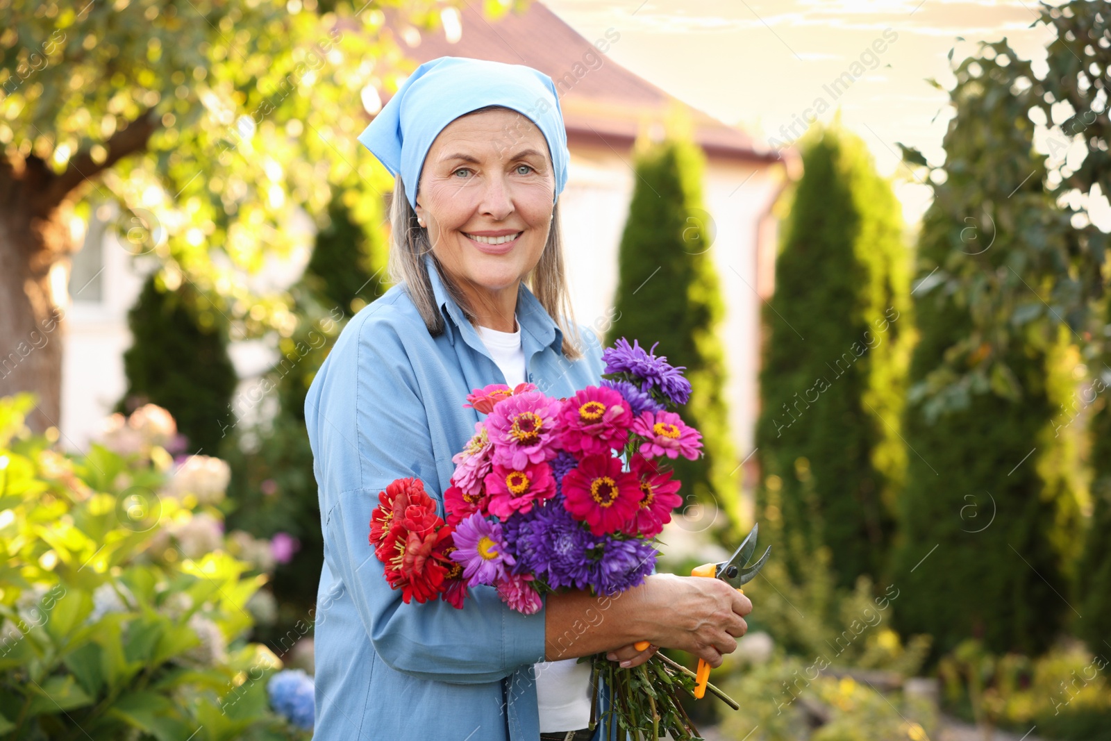Senior woman with bouquet of flowers and pruner in garden Photo of Senior woman with bouquet of flowers and pruner in garden