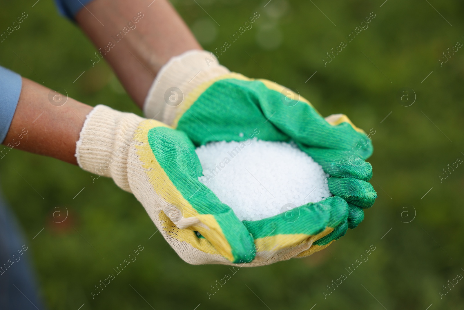 Photo of Woman with fertilizer outdoors, closeup. Gardening time