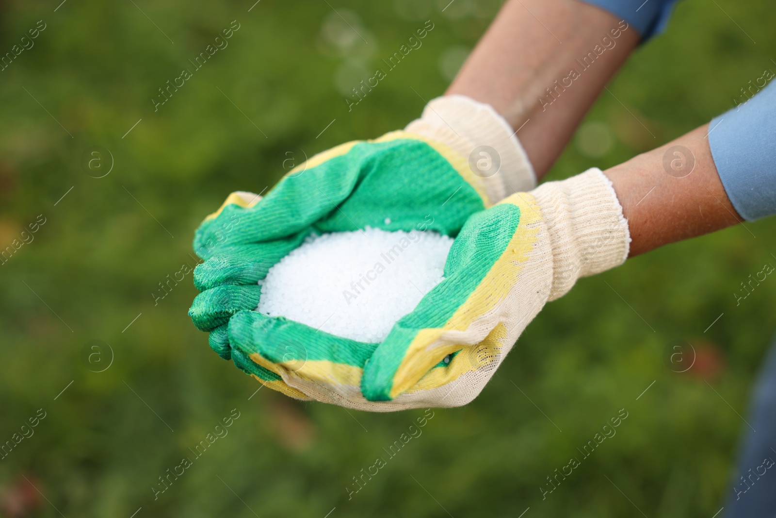 Photo of Woman with fertilizer outdoors, closeup. Gardening time