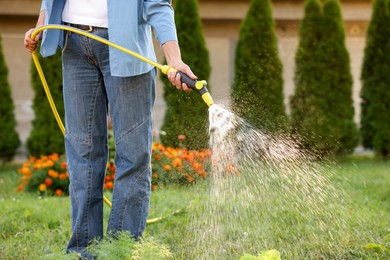 Photo of Woman watering beautiful green seedling with hose in garden, closeup