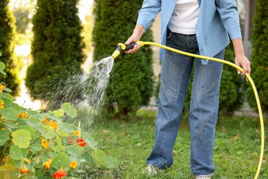 Photo of Senior woman watering beautiful flowers with hose in garden, closeup