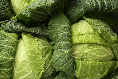 Photo of Fresh ripe Savoy cabbages as background, closeup