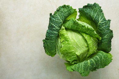 Photo of Fresh Savoy cabbage on light grey table, top view. Space for text