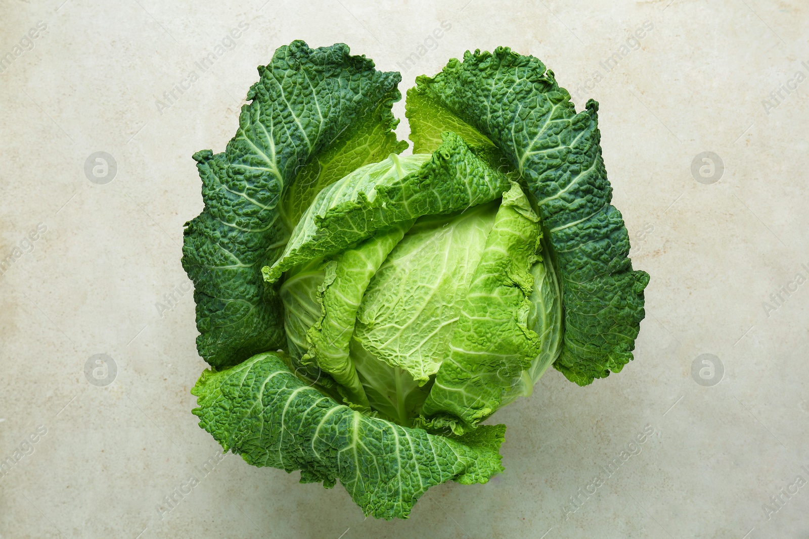 Photo of Fresh Savoy cabbage on light grey table, top view