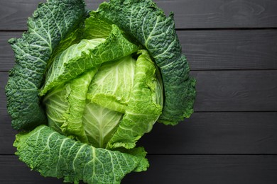 Photo of Fresh Savoy cabbage on black wooden table, top view. Space for text