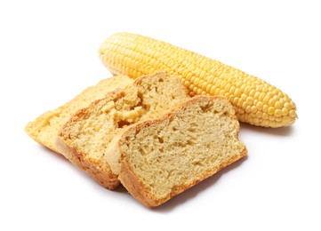 Photo of Freshly baked cut cornbread and cob isolated on white