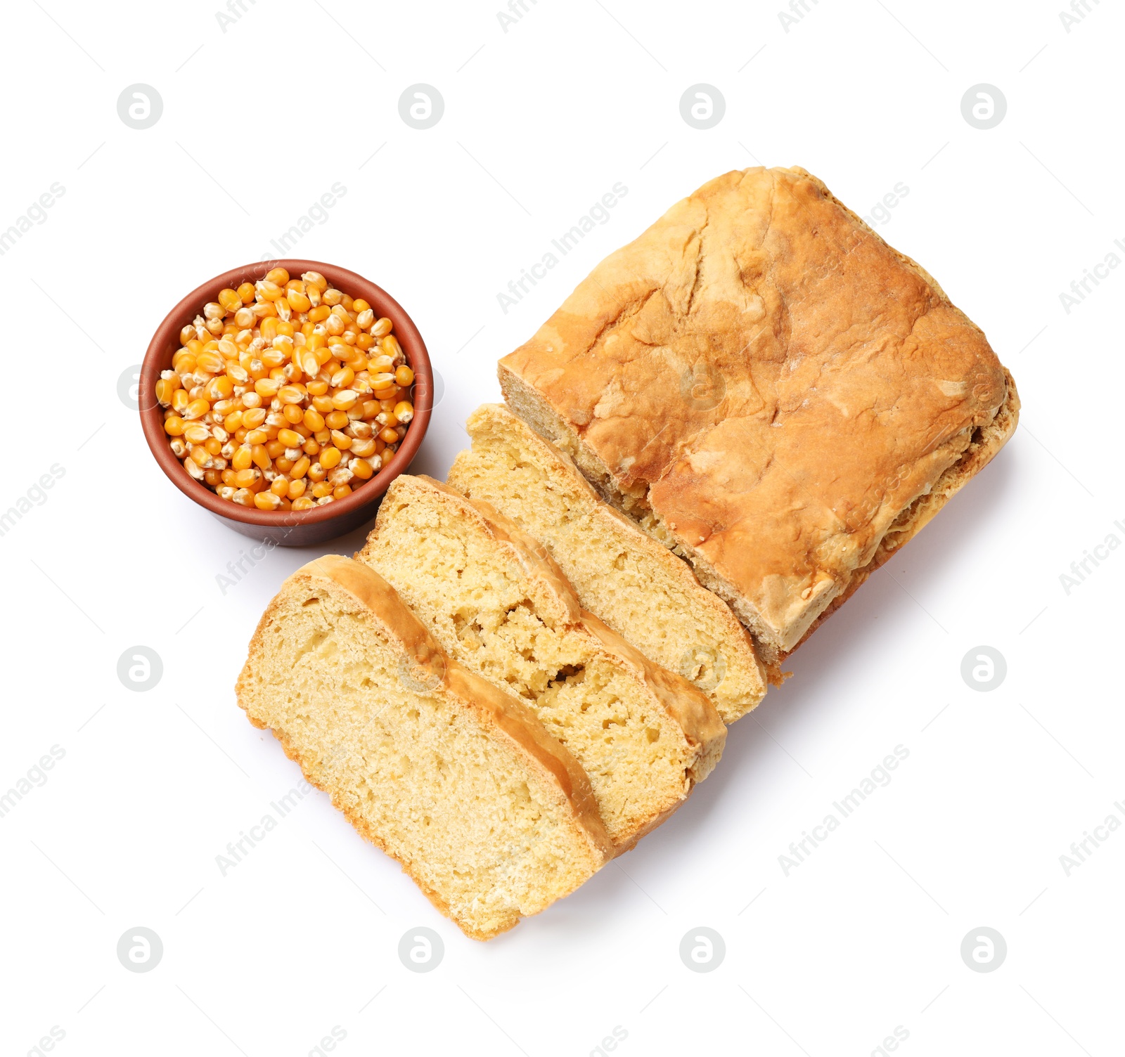 Freshly baked cut cornbread and seeds isolated on white, top view Photo of Freshly baked cut cornbread and seeds isolated on white, top view
