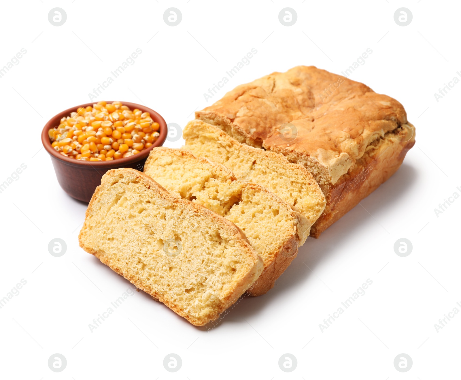 Photo of Freshly baked cut cornbread and seeds isolated on white