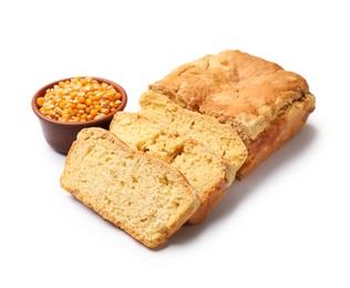 Photo of Freshly baked cut cornbread and seeds isolated on white