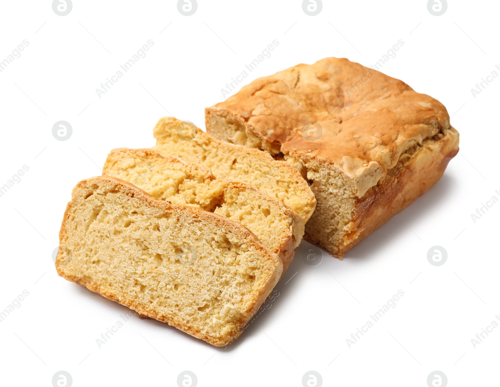 Freshly baked cut cornbread isolated on white Photo of Freshly baked cut cornbread isolated on white