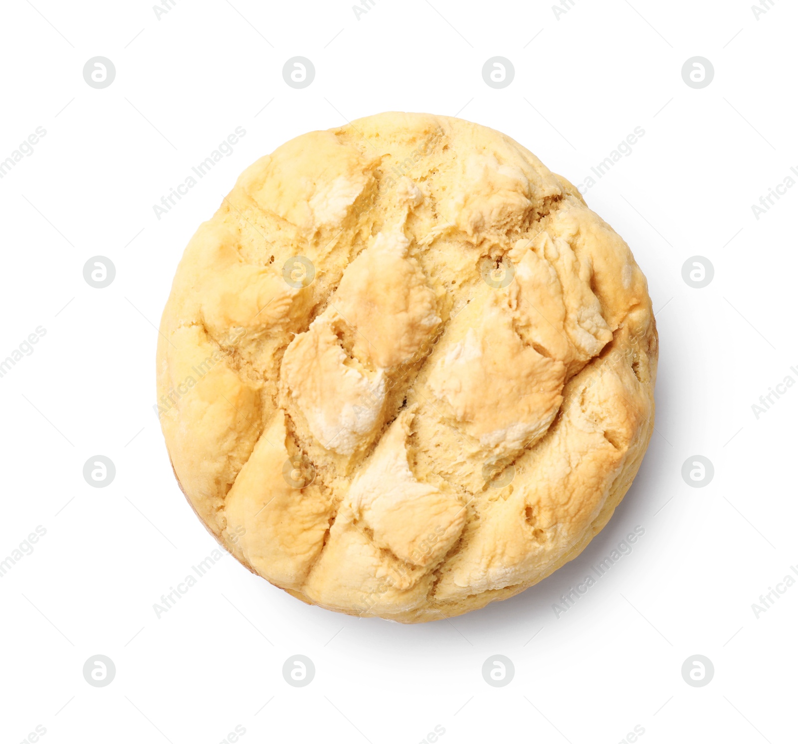 Freshly baked cornbread loaf isolated on white, top view Photo of Freshly baked cornbread loaf isolated on white, top view