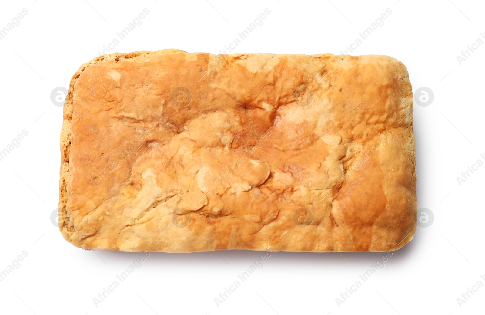 Freshly baked cornbread loaf isolated on white, top view Photo of Freshly baked cornbread loaf isolated on white, top view