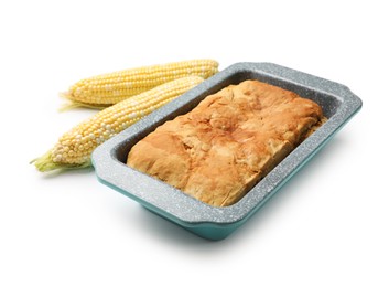 Photo of Freshly baked cornbread loaf and cobs isolated on white
