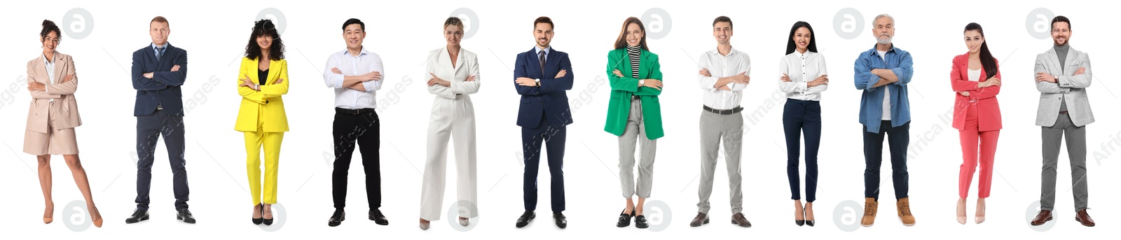 Image of Group of different men and women on white background