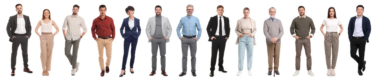 Image of Group of different men and women on white background