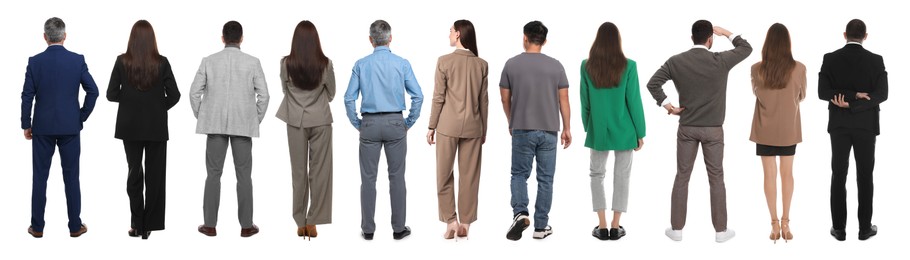 Image of Group of different men and women on white background, back view