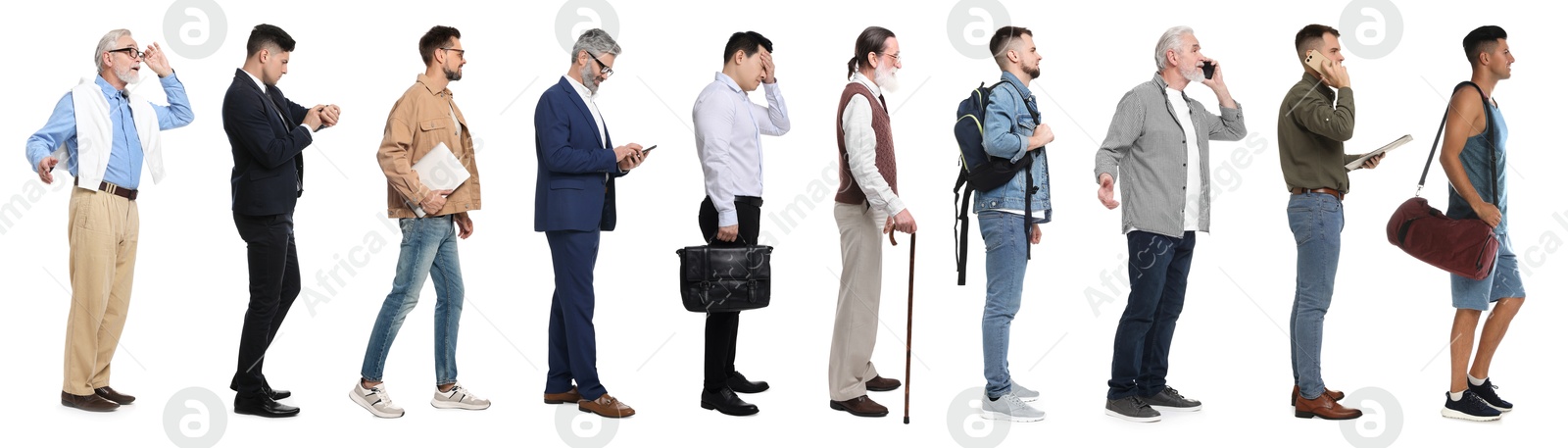 Group of different men on white background, side view Image of Group of different men on white background, side view