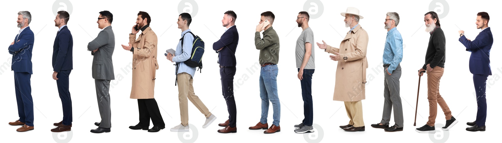 Group of different men on white background, side view Image of Group of different men on white background, side view