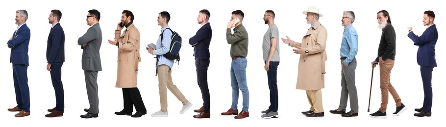 Image of Group of different men on white background, side view