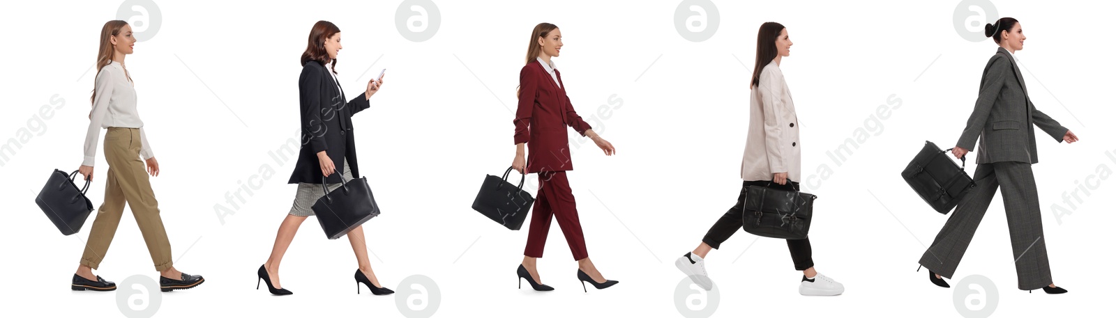 Image of Group of different women walking on white background, side view