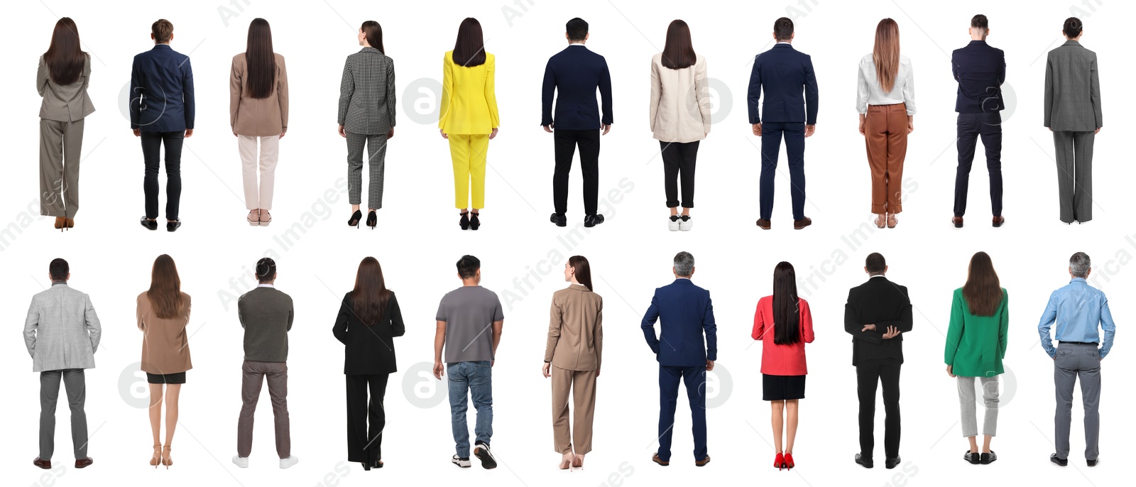 Image of Group of different men and women on white background, back view