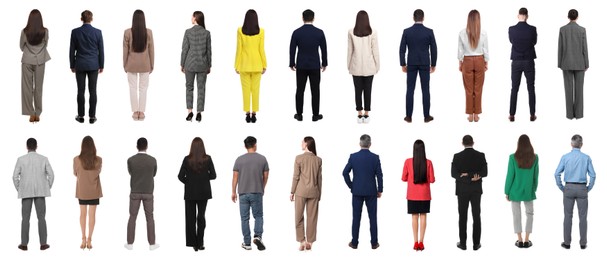 Image of Group of different men and women on white background, back view