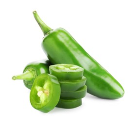 Image of Fresh green jalapeno peppers isolated on white. Whole and sliced