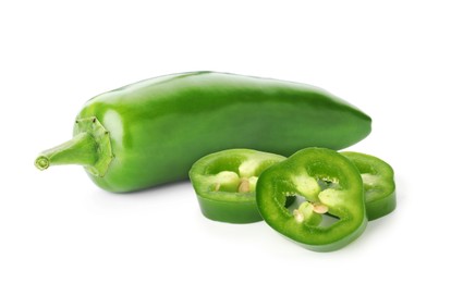 Image of Fresh green jalapeno peppers isolated on white. Whole and sliced