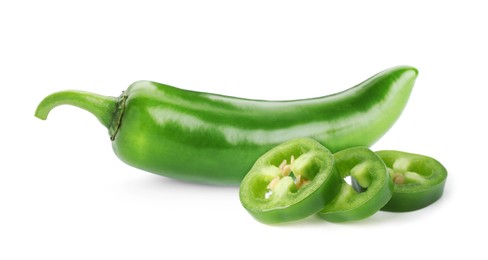 Image of Fresh green jalapeno peppers isolated on white. Whole and sliced