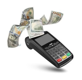 Image of Payment terminal and dollars in air on white background