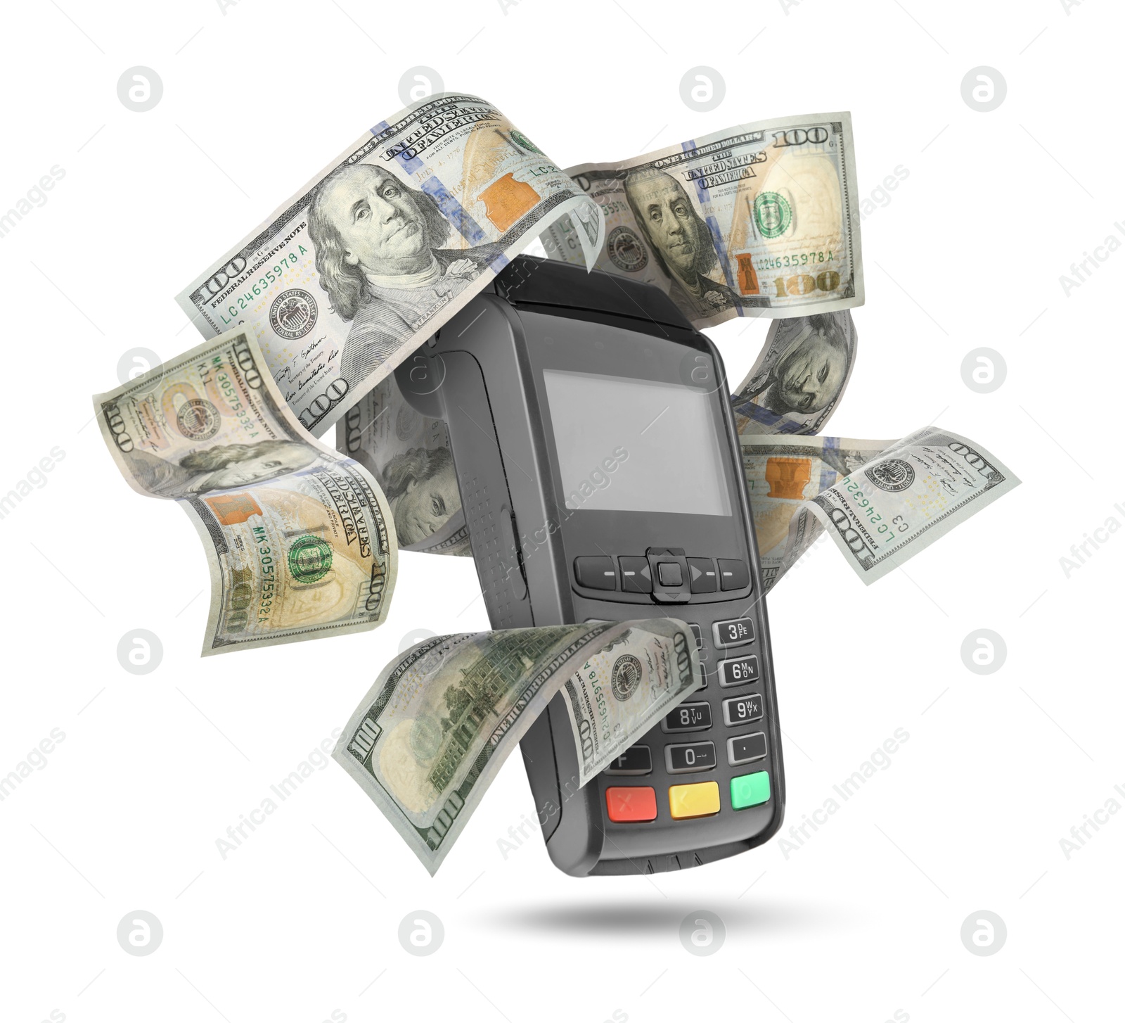 Image of Payment terminal and dollars in air on white background