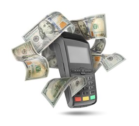 Image of Payment terminal and dollars in air on white background