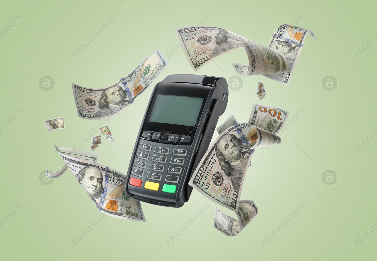Image of Payment terminal and dollars in air on pale green background