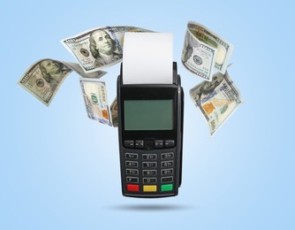 Image of Payment terminal with receipt and dollars in air on light blue background