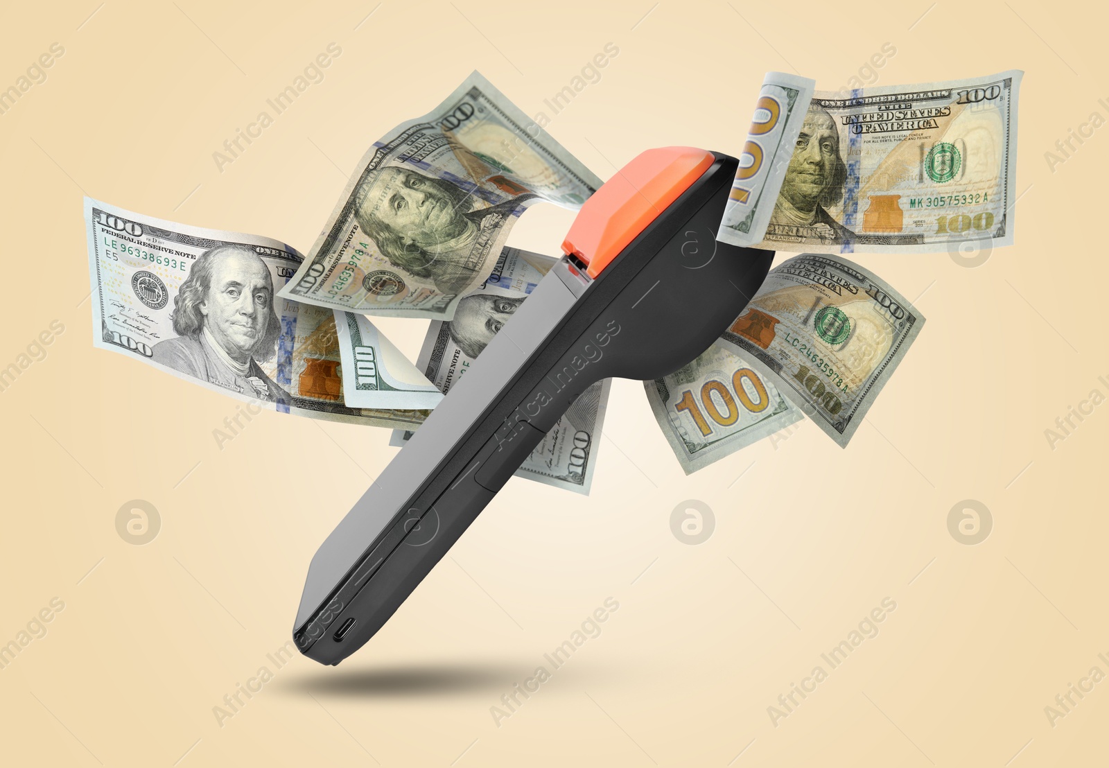Image of Payment terminal and dollars in air on beige background