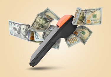 Image of Payment terminal and dollars in air on beige background
