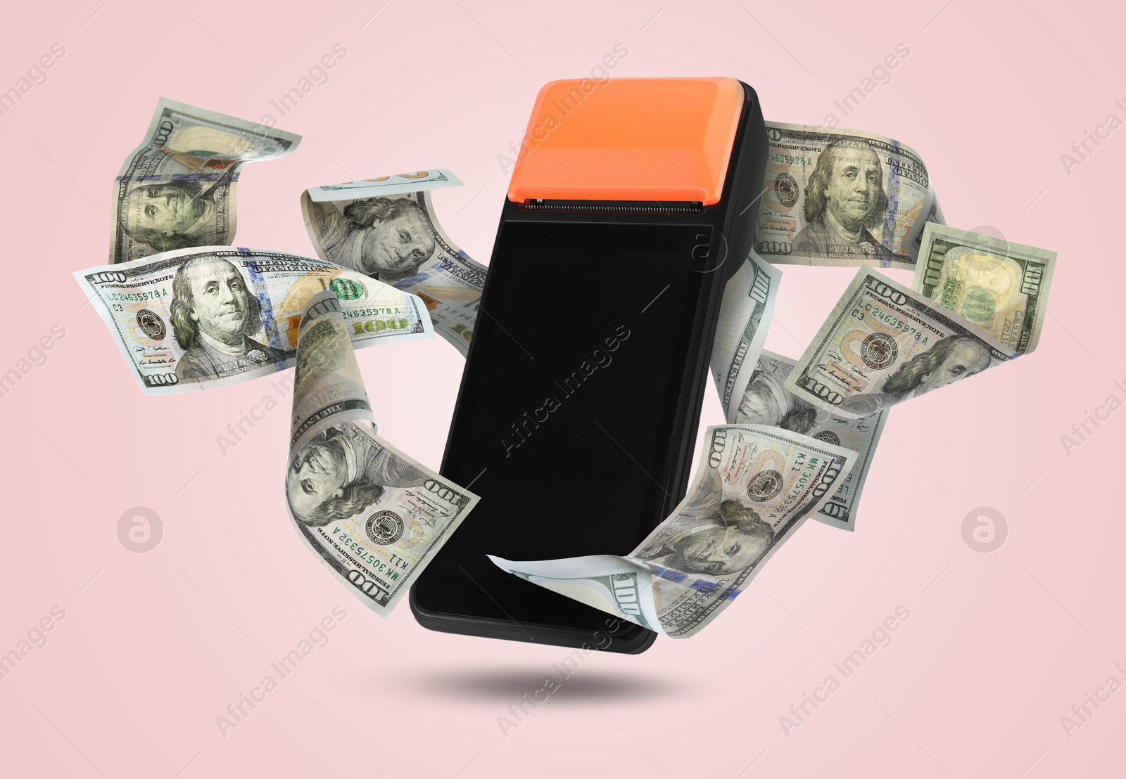 Image of Payment terminal and dollars in air on pink background