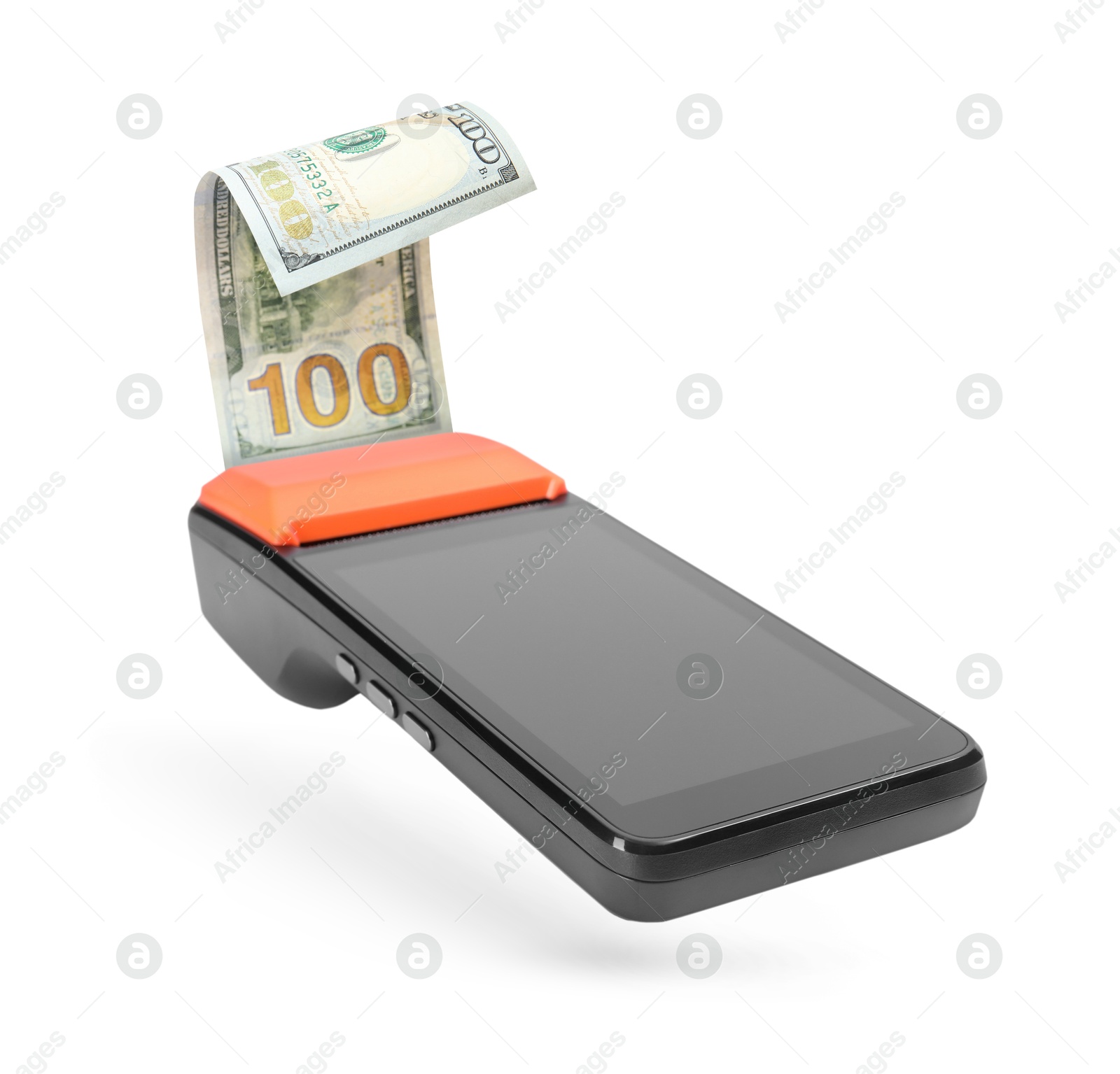 Image of Payment terminal with dollar in air on white background